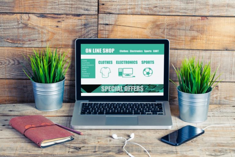 Online shop website template design on a laptop